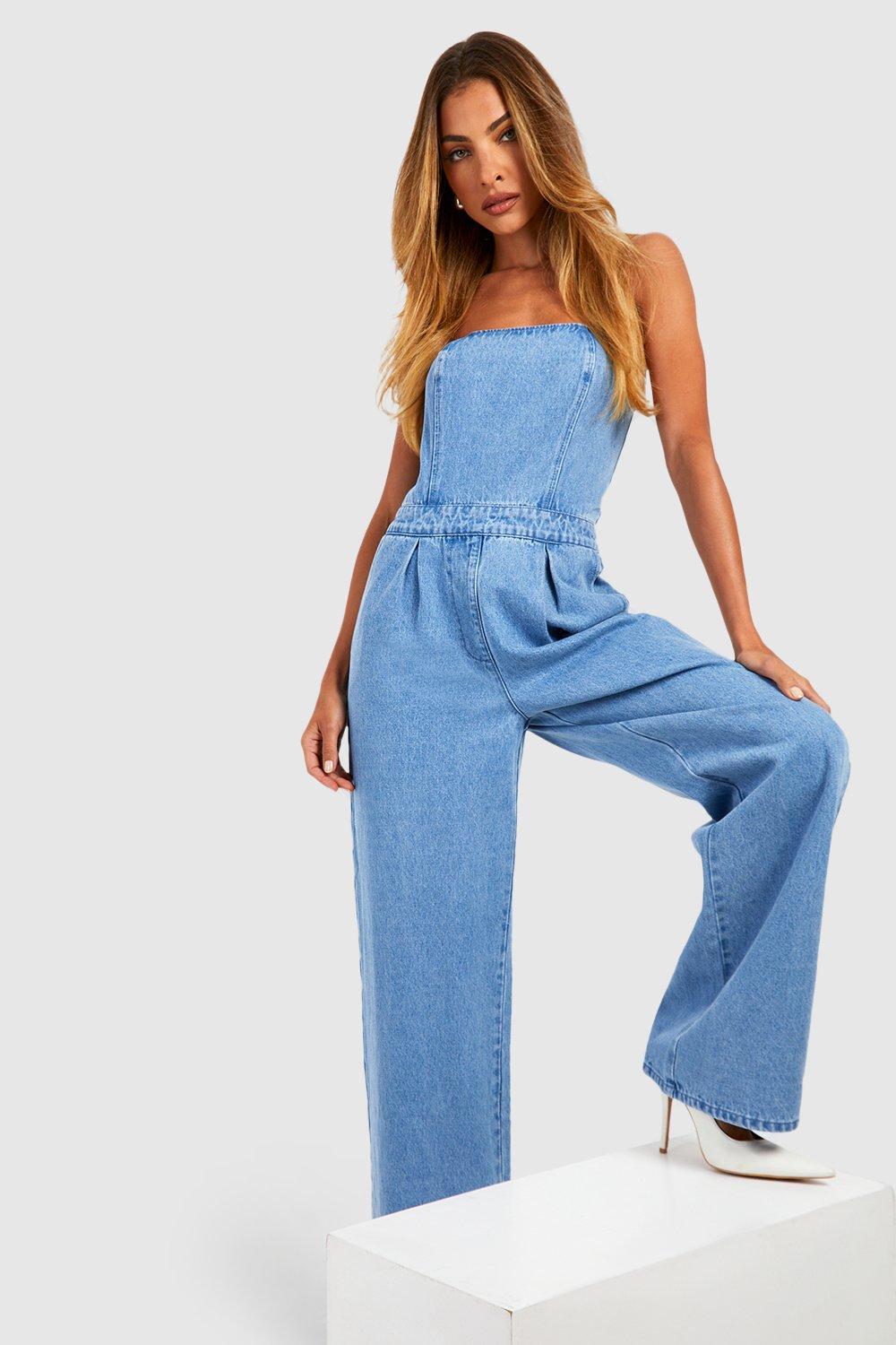 Flare leg hot sale denim jumpsuit